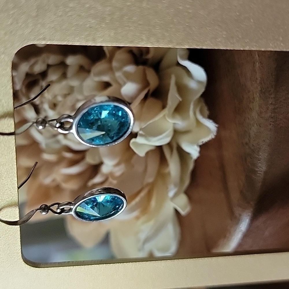 925 Solid Sterling Silver Teal Blue Crystal Dangle Earrings